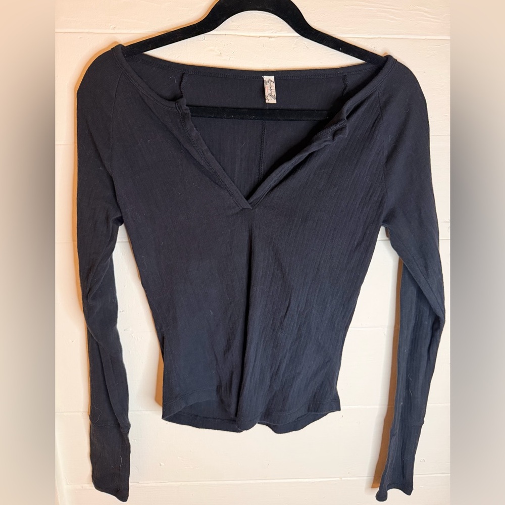 Free People Black Long Sleeve V-Neck Top